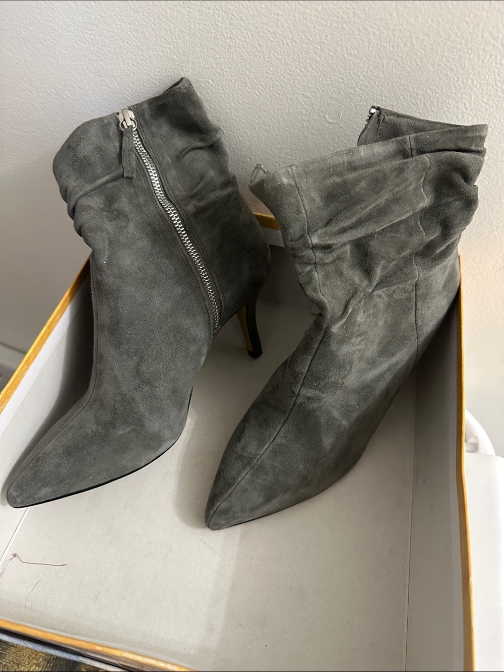 Bella Vita Gray Suede Pointed-Toe Ankle Booties with Side Zip